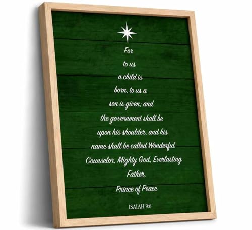 Christian Bible Verse Wall Art Framed Isaiah 9:6 Scripture Poster Print Religious Green Rustic Wooden Wall Decor Christmas Tree Painting Picture for Living Room Bedroom Church 12x16 Inches