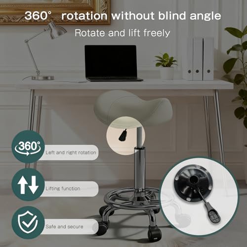 Image of Saddle Stool with Wheels, Adjustable Rolling Stool Chair with Back Support, Ergonomic PU Leather Saddle Chair for Salon, Massage, Tattoo, Medical, Spa, Office (White, 1PCS)