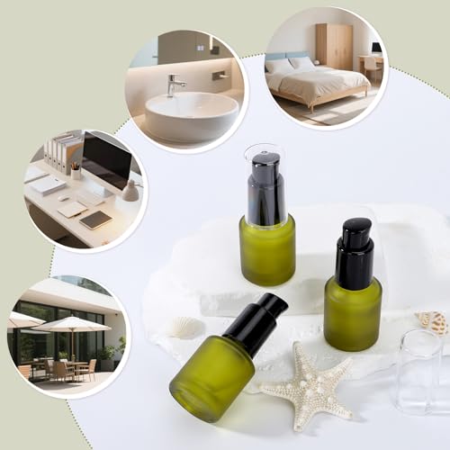 Image of Segbeauty 0.5oz Frosted Glass Travel Size Containers for Lotions, 3pcs Mini Empty Lotion Bottles Pump Dispenser Refillable, 15ml Green Travel Containers for Creams, Small Hair Oil Pump Bottle Liquids
