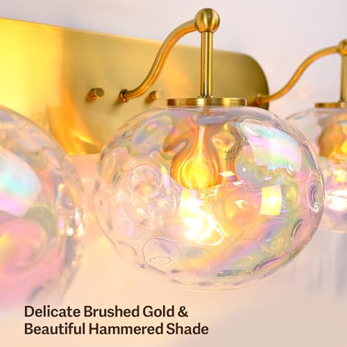 Image of 23 inch Brushed Gold Vanity Light Stained Hammered Glass Wall Sconce 3-Light Brass Wall Lamp for Hallway Living Room Stairwell Bathroom Over Mirror (Brass Gold, 3-Light)