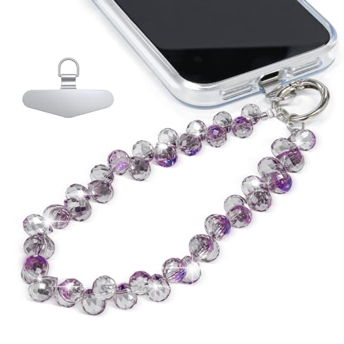 Image of TENOC Beaded Phone Wrist Strap, Blue Violet | Cellphone Lanyard Chain, Sparkling Wristlet Bracelet, Comes with Metal Phone Tether Tab, For Women