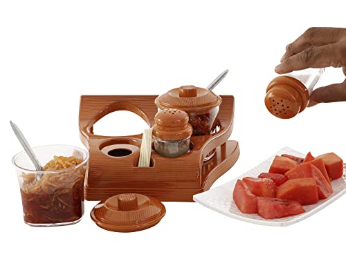 Image of Nabhya Complete Dining Table Set of Pickle Jars, Salt and Pepper Dispenser, Toothpick Holder and Spoon Holder(Wooden Look Design, Plastic) (Hi-Choice)