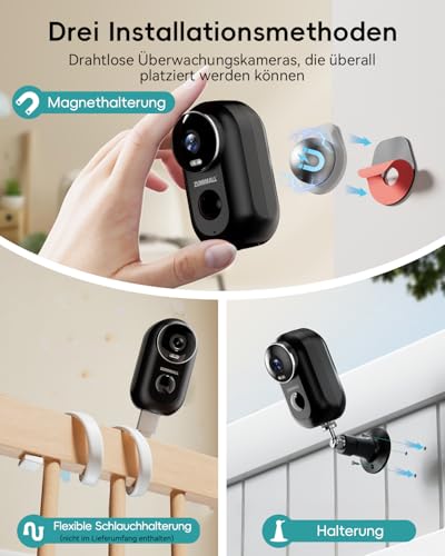 ZUMIMALL Überwachungskamera Aussen/Innen Akku, WLAN Kamera Doppelständer, Magnethalterung, kabellos, PIR-Bewegungserkennung, 2K-Nachtsicht, IP66 wasserdicht, 2,4 G Wi-Fi-kompatibel, Schwarz – Bild 3
