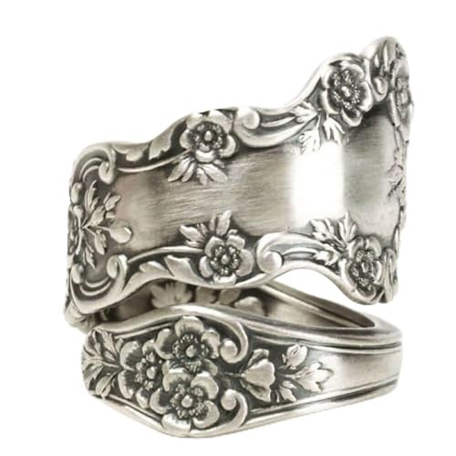 XRCXBLSC Bague rétro en argent sterling avec feuille martelée et fleur - Fabriquée à la main - Bague vintage antique pour femme - Bague de pouce large...
