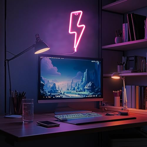 Image of 1 Pack Lightning Neon Sign Wall Decor,USB&Battery Powered LED Bolt Game Neon Light for Teen Girl Kid's Bedroom, Bar, Aesthetic,Christmas,Gaming Room, Party, Home, Wedding Party-Red