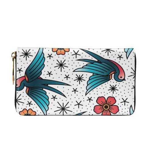 Leather Wallet For Women And Men Oldschool Tattoo Birds Flowers Clutch Purse Wristlet Bag Credit Card Holder Wallet2