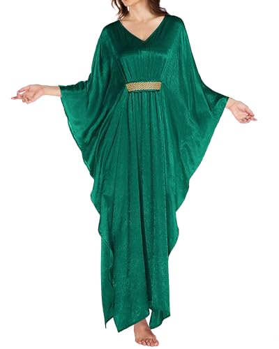 Bsubseach Kaftan Dresses for Women Solid Color V Neck Batwing Sleeve Caftan Dress Satin Plus Size Maxi Beach Cover Up Dark Green