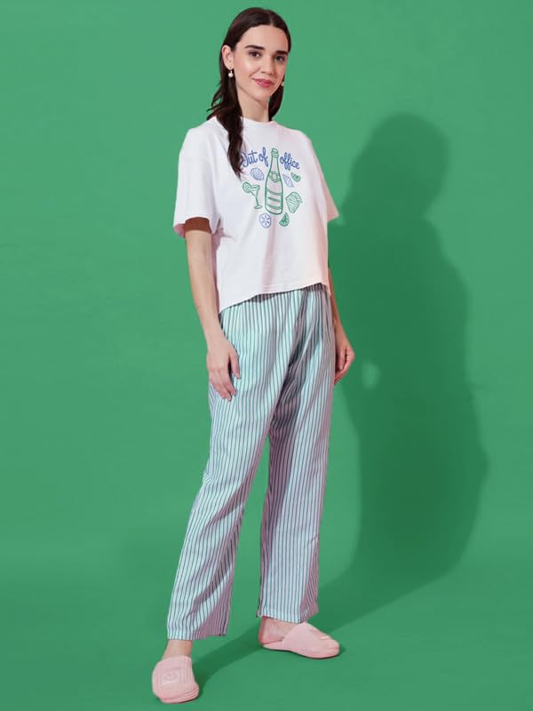 Image of Fflirtygo Women's Cotton Printed Night Suit Set | T-Shirt and Pyjama Set for Women Girls | Short Sleeve Top and Pajama Lounge Set | Green & White Nightwear | Sleepwear Regular Fit Nightdress