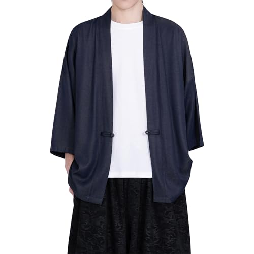 Image of PRIJOUHE Men's Kimono Jackets Cardigan Casual Cotton Blends Linen Seven Sleeve Open Front Embroidery Coat