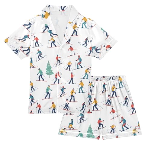 ALAZA Winter Sports Skiers Tree Satin Pajamas Set Short Sleeve Button Down Sleepwear Summer Pjs 2 Piece