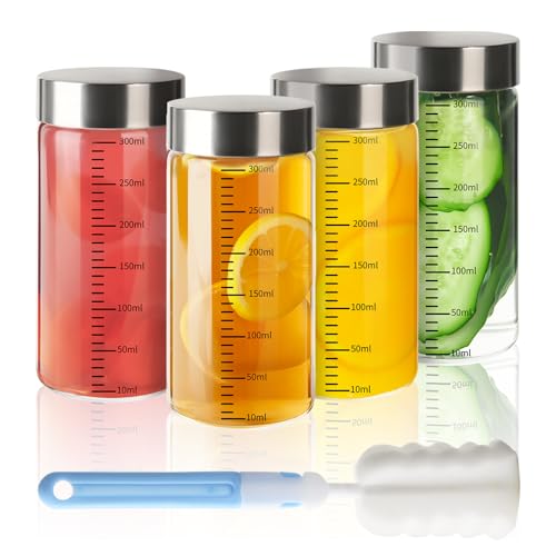 YBCPACK 4er Glasflaschen 300 ml mit Messskala, Smoothie Becher to go, Saftflaschen zum Befüllen mit Edelstahl Deckel – Wiederverwendbar, BPA-frei & Spülmaschinenfest