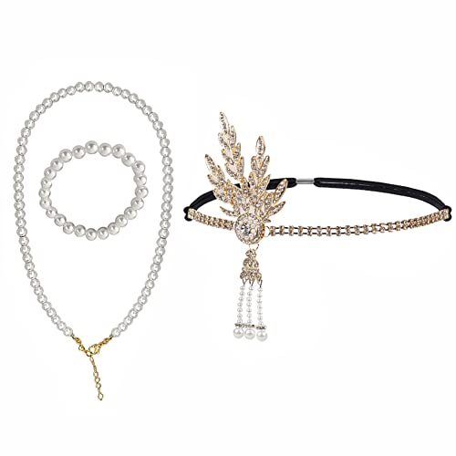 1920s Diadema de Flor con Collares Pulsera de Perlas Blancas, Tocados de Invitada Boda, Vintage Nupcial Pelo Accesorio Gran Gatsby, para Mujer o Niñas Halloween Disfraz Cabaret Disfraz Carnaval Cover