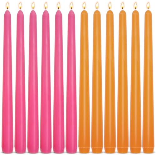 6-Pack Orange and 6-Pack Hot Pink Taper Candles 10 Inch Unscented Dripless Candlesticks Long-Lasting Burn Time of 7-8 Hours Perfect for Home Dcor Dinner Party