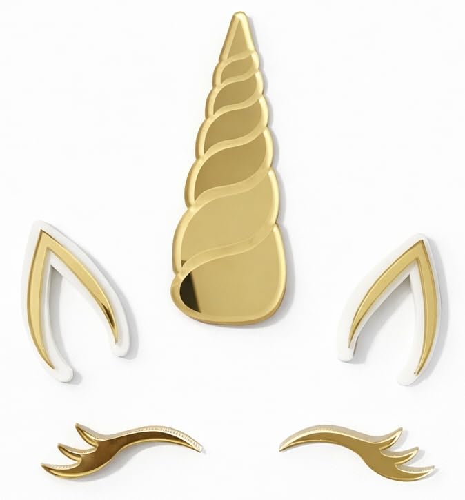 AMAR Unicorn Cake Topper Set Gold Mirror Acrylic – 5 Piece Unicorn Horn, Ears & Eyelashes Cake Decorations – Girls Birthday Unicorn Party Cake Topper Set, Baby Shower Cake Decor
