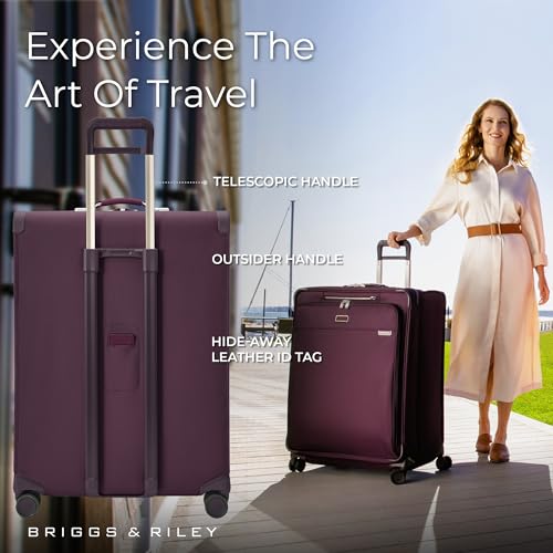 Image of Briggs & Riley 31 inch Extra Large Expandable Spinner - Checked Luggage for Travel, Suitcases with Wheels, Softside Rolling Bag for Men & Women, Self-Repairing Zipper - Baseline Collection, Plum