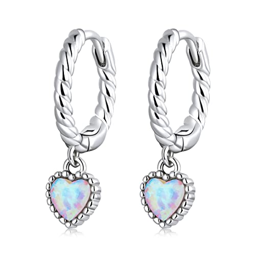 Colorful Opal Heart Dangle Hoop Earrings for Women Girls 925 Sterling Silver Rainbow Opal Small Huggie Hoops Cartilage Earring Dangling Charm Drop Hinged Cuff Dainty Jewelry Gifts for Sensitive Ears