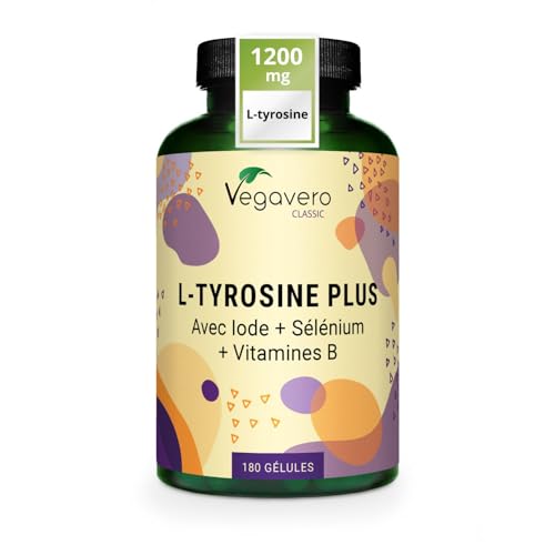 Vegavero L-Tyrosine Plus 1200 mg | THYROIDE* | Avec Iode, Selenium et Vitamine B | Énergie + Fatigue Mentale | 180 Gélules | VEGAN et SANS ADDITIFS