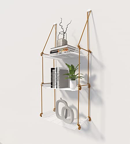 Image of Meshable Weebill 3-Tier Wall Hanging Metal Wall Shelf with Jute Rope, Home Decor Wall Shelves and Storage Racks with Elegant Design Ideal for for Balcony and Terrace, Standard Size - White