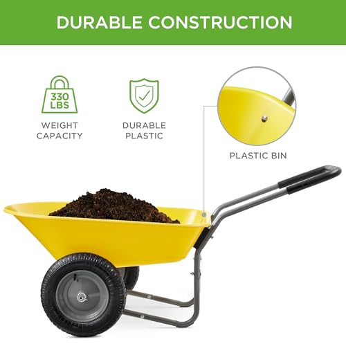 Image of Best Choice Products Dual-Wheel Home Utility Yard Wheelbarrow Garden Cart w /Built-in Stand for Lawn, Gardening, Construction - Yellow