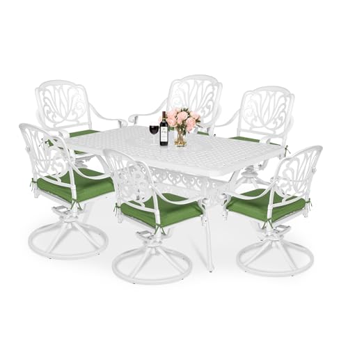 Image of MEETWARM 7-Piece Outdoor Patio Dining Set, All-Weather Cast Aluminum Patio Conversation Set for Backyard Garden Deck with 6 Cushioned Swivel Rocker Chairs, 1 Rectangular Table, 2 inch Umbrella Hole, White
