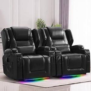 Leather Rocker Recliner Chairs for Adults 360 Swivel Rocking Theater Seating with Heat and Massage Oversized Single Sofa with Led Lights for Living Room BlackSet of 2