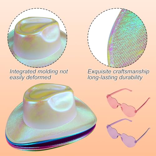 12 Pcs Holographic Space Cowgirl Hat with Heart Glasses Neon Sparkly Cowboy Hat Disco Cowgirl Hat for Women Party (Multicolor)3