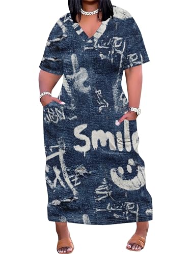 Image of SUZONANA Womens Plus Size 3D Denim-Print Fashion Maxi Dresses Casual Soft Tshirt Dress