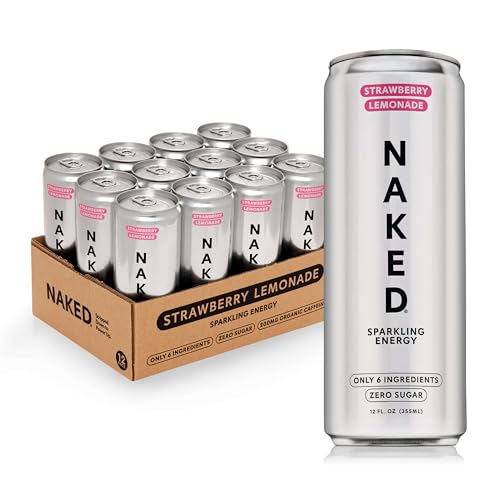 Naked Sparkling Energy Drink - Strawberry Lemonade, Organic Caffeine, Organic Lemon Juice, Zero Sugar, No Sucralose, Naturally Sweetened, Clean Energy Drinks, Vegan, Gluten-Free, Non-GMO - 12oz Cans (Pack of 12)