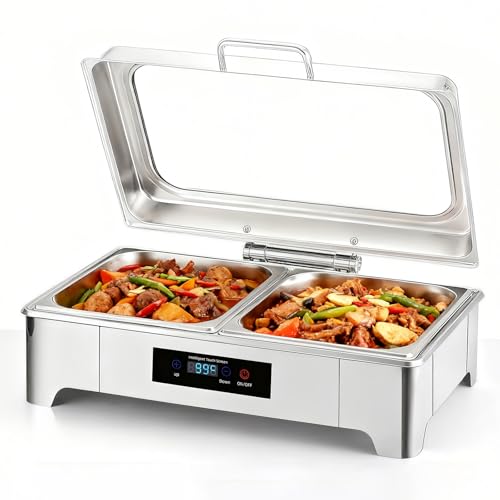Zertylre Chafing Dish, scaldabagno elettrico in acciaio inox da 9 l, temperatura regolabile, contenitore elettrico con coperchio in vetro visibile per buffet e banchetti, 1/2 Pan