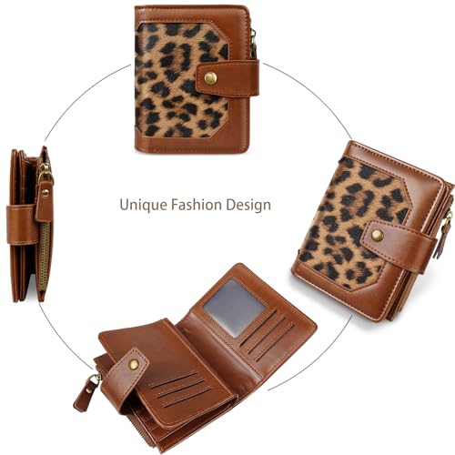 Image of Women Leather Wallet RFID Blocking Small Bifold Zipper Pocket Wallet Card Case Purse with ID Window, Leopard