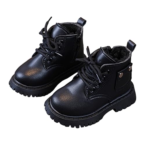 Kids Winter Warm Snow Boots Boys Girls Lace up Combat Ankle Boots Casual Outdoor Hiking Boot Plush Lined Fashion Round Toe Lug Sole Low Heels Slip On Short Booties with Side Zipper(Black,8)