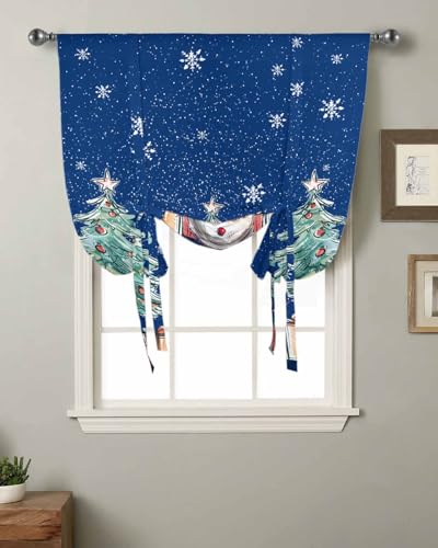 Christmas Snowman Tie Up Curtain for Window Blackout Balloon Valance Curtain for Bathroom Winter Xmas Tree Balls Snowflake Navy Blue Adjustable Window Shade for Kitchen Living Room Bedroom 52