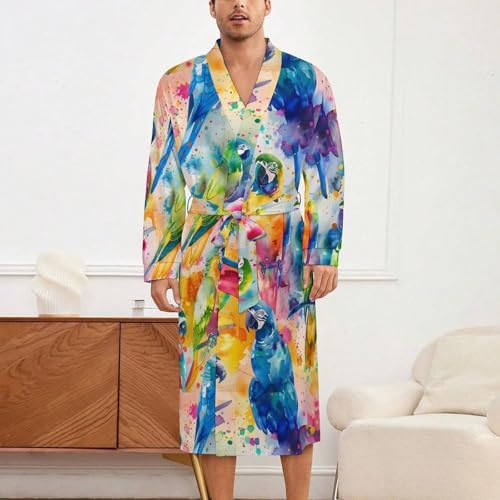 Colorful Parrots Watercolor Soft Robe Long Sleeve Bathrobes V Neck Sleepwear Spa Robes with Belt Men Woman2