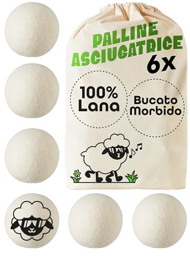 Praknu Set di 6 Palline per Asciugatrice - 100% Lana Biologica della Nuova Zelanda - Palline per Asciugatrice in Lana per un Bucato Morbido e Tempi di Asciugatura Ridotti - Perfette per la Piuma D'oca
