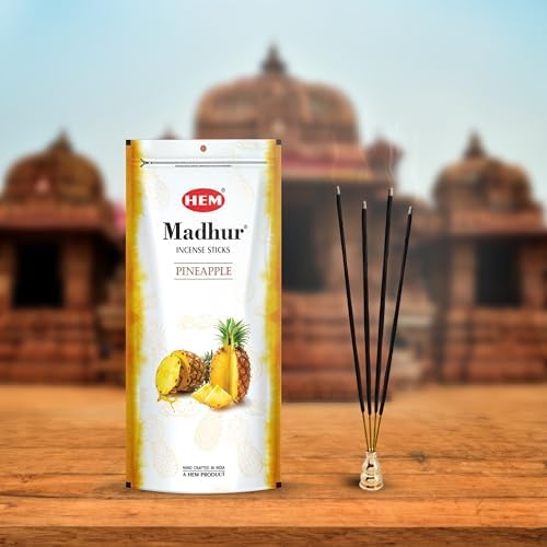 Image of HEM Madhur Pineapple Incense Sticks - Pack of 3 | Refreshing Tropical Aroma for Meditation & Home Fragrance | Long-Lasting Natural Fragrance | Convenient Zip Pouch | Approx 240 Stick | Burns 35-40 Min