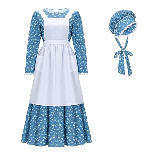 Funhoo Disfraz de sirvienta victoriana para mujer, vestido de pionera floral con gorro y delantal, vestido colonial modesto de pradera de manga larga (azul, S)
