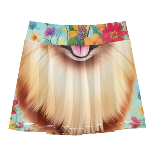 Joisal Fun Cute Girls' Shorts Athletic Skorts Kids Tennis Skirts School Skirt Cute Pomeranian Dog Colorful Flowers 4t2