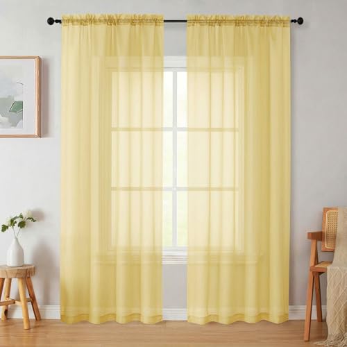 WelvetBLK Sheer Curtains 84 Inches Long 2 Panels Set for Bedroom Living Room, Soft Airy Light Filtering Modern Solid Rod Pocket Drapes Window Treatments, Yellow, Each 42" W x 84" L