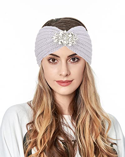 Fashband Winter Strickstirnbänder Strass Ohrwärmer Stirnband Elastischer Knoten Kopfbedeckungen für Frauen und Mädchen(Grau) Cover