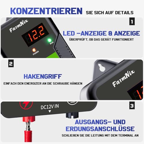12V Weidezaungerät mit LED Anzeige, 2J Wasserdicht Elektrischer Weidezaun 230V für 15 KM Reichweite, LED Display Eelektrozaun für Schutz von Nutztieren,Haustieren,Geflügel, Hausweide,Gärten (Schwarz)