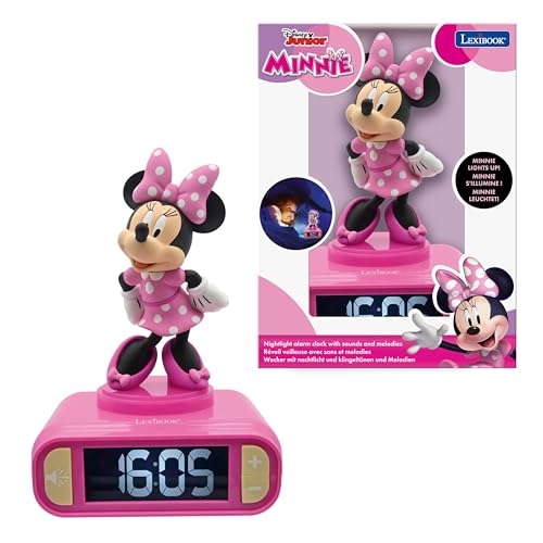 LEXIBOOK, Disney Minnie, despertador com luz noturna Minnie, sons e melodias, ecrã LCD retroiluminado, luminoso, Snooze, rosa, RL800 MNLXB
