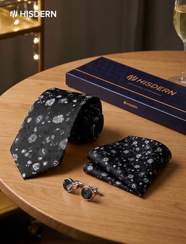Image of HISDERN Ties for Men Paisley Tie and Pocket Square Cufflinks Set Formal Classic Floral Necktie Handkerchief Wedding Party