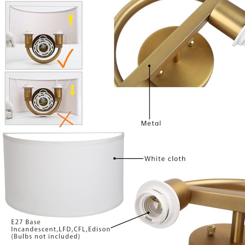 Image of Industrial 2-Lights Wall Sconce Fixture with White Fabric Shade, Double Arm Wall Light Lamps Decor for Hallway Bedroom Living Room Bathroom Stairway