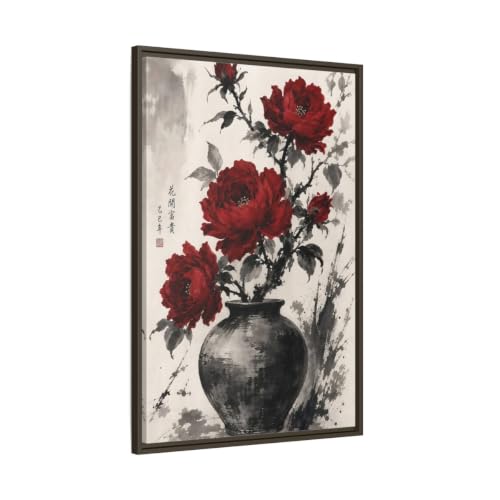 Toile de pivoines rouges encadrée 60x90 cm Espresso pour salon traditionnel