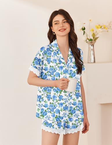 Image of Ekouaer Womens Lace Satin Pajama Set Button Down Pj Shorts Set Bridesmaids Getting Ready Outfits Casual Sleepwear XS-XXL