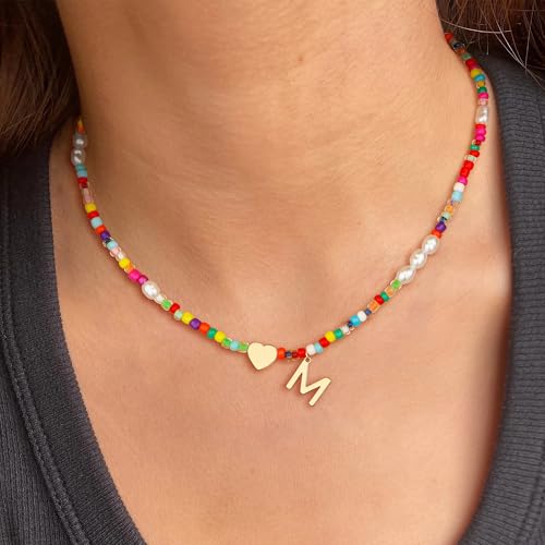 Initial Necklaces for Girls Gifts - Colorful Beaded Pearl Heart Initial Necklaces for Women Kids Teen Girl Gifts Trendy Stuff Cute Boho Choker Necklace for Girls Jewelry Birthday Gift4