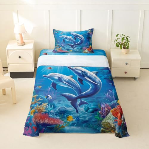 Image of jejeloiu Dolphin Bed Sheets Set Twin Size Cute Ocean Animal Bed Set Jumping Dolphins Deep Pocket Fitted Sheet Blue Ocean Marine Themed Breathable Soft Lightweight Microfiber