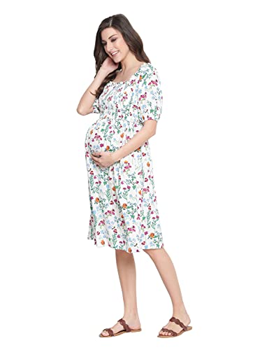 Image of oxolloxo Polished White Floral Print Ruffled Maternity Smokced Dress