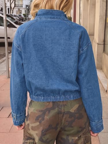 Flowyair Women's Denim Quarter Zip Pullover Jacket Mock Neck Jean Top - image 3