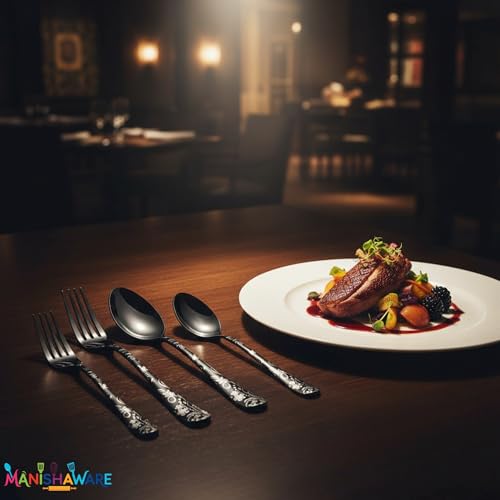 Image of Floral Black 15 Pcs Stainless Steel Cutlery Set for Dining Table, Dishwasher Safe Glossy Flatware (3 Spoon Set+3 Forks Set+3 Butter Knife+3 Dessert Spoon+ 3 FruitFork)